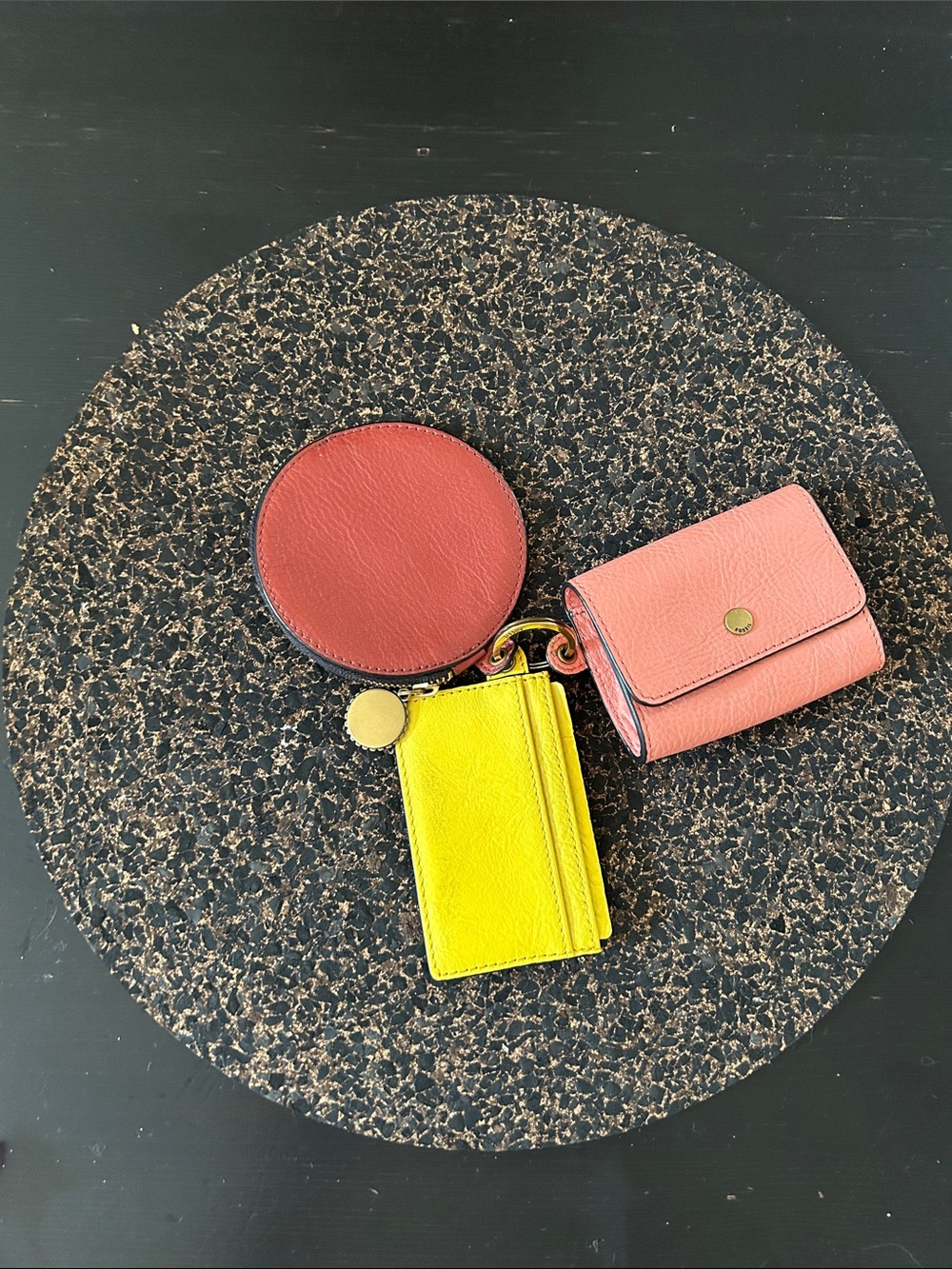 Fossil Pink and Yellow Leather Key & Card Holder Trio